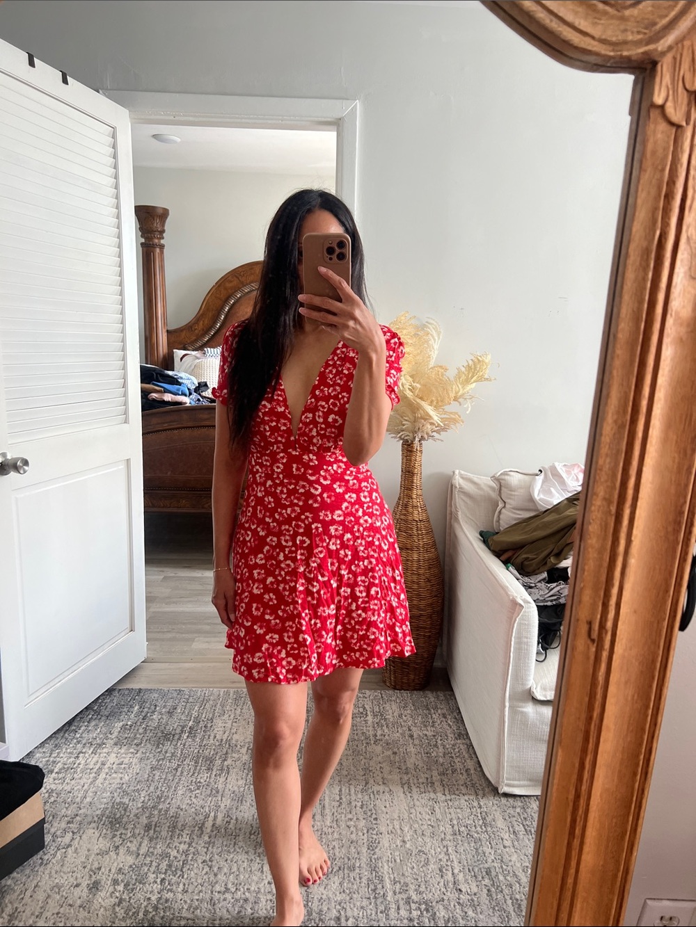 Red Floral V-Neck Short Dress